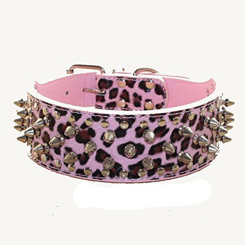 haoyueer Faux Leather Spiked Studded Dog Collar for Medium Large Dogs Pit Bull Mastiff Bully Boxer (S, Pink Leopard)