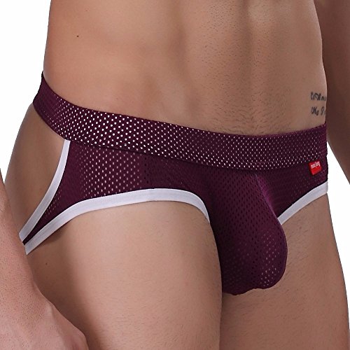 FEESHOW Men's Athletic Jockstrap Supporter Bikini Briefs Bulge Pouch Underwear Fuchsia Purple Medium(Waistline 27.5-39.0)