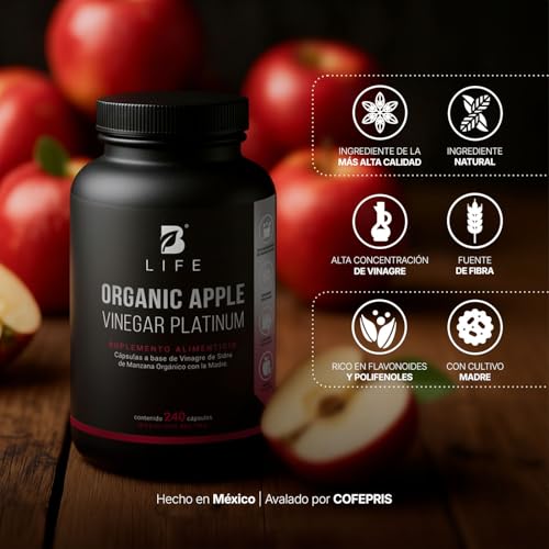 Vinagre de Manzana Orgánico con 240 cápsulas | Fórmula Platinum para Bienestar Digestivo | con Cultivo “La Madre | Organic Apple Vinegar Platinum B Life.