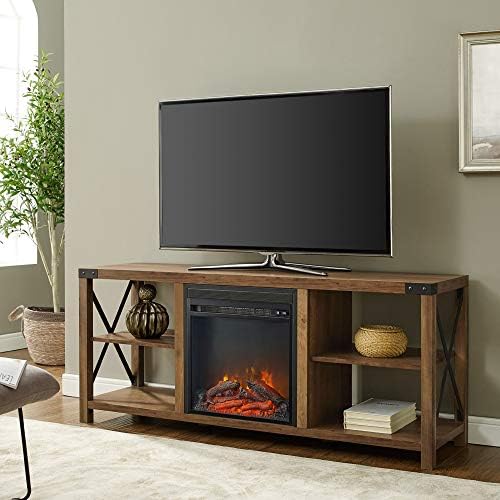 WE Furniture Modern Farmhouse Metal X Wood Fireplace Stand for TV's up to 64" Living Room, Steel, Brown Reclaimed Barnwood, 60 Inch