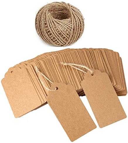 DREAMZE 100PCS Kraft Paper Gift Tags Crafts Tags Rectangular Gift Tags with Free 10 Meter Natural Jute Twine