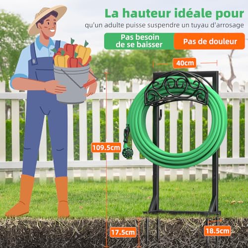 iRhodesy Garden Hose Holder, 109.5 cm Garden Hose Holder 45 m with 2 Tool Hooks and 4 Anchor Tips, Removable and Freestanding Garden Lawn Stand