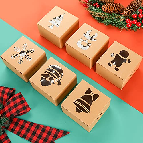 TOXOY Christmas Kraft Cookie Boxes, 18 PCS Christmas Treat Boxes with Window Mini Christmas Bakery Boxes Holiday Xmas Cake Box for Pastries Cookies Small Cakes