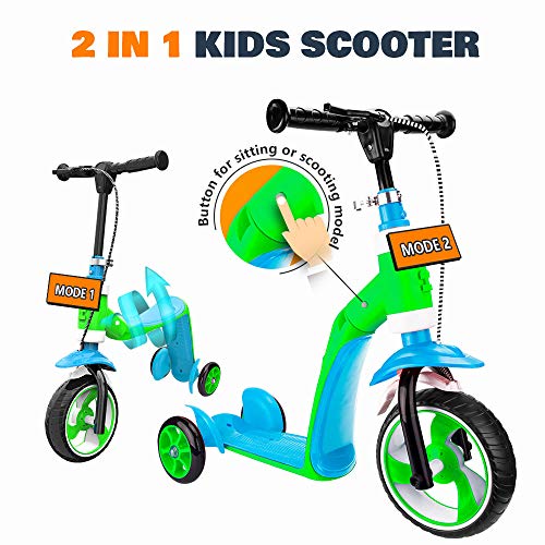 Verkstar Kick Scooter for Kids Toddlers Girls Boys, 2 in 1 Kids Scooter with Handbrake, Adjustable Handle, Extra-Wide Deck, The Latest Outdoor Toys for Kids Activities (Blue & Green)