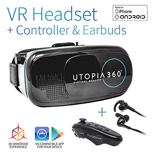 Utopia 360° VR Headset with Controller and Earbuds | 3D Virtual Reality Headset for Games, Movies, Apps - Compatible with iPhone and Android Smartphones (2018 Virtual Reality Headset Model) (Best Apple App Games)