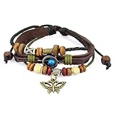 LolliBeads Unisex Charm Leather Bracelet Gold Tone Butterfly Charm Multiple Strands Brown Leather Bracelet, Adjustable Wristband for Men, Women and Teens