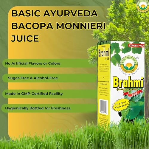 BASIC AYURVEDA Bacopa Monnieri Juice (Brahmi)– 16.23 Fl Oz (480ml) | First Press Virgin Juice | Natural Brain & Memory Support | Herbal Tonic for Focus, Clarity & Wellness | No Sugar, Non-GMO
