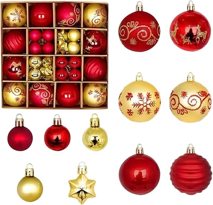 42 PCS Christmas Tree Baubles, Durable Hanging Balls, Multi Coloured 6cm and 3cm, Christmas Holiday Party Home and Wedding Decorations, Green, Red & White, Easy To Set, Reflect In Dark (Golden/Red)