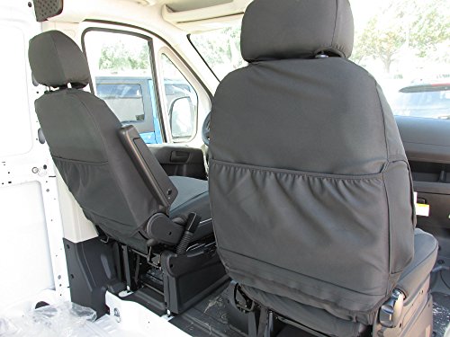 Dodge Durafit Seat Covers.Made to fit 2013+ Promaster Van Exact Fit Front Bucket Seat Covers, Black/Gray, armrest on Drivers only.