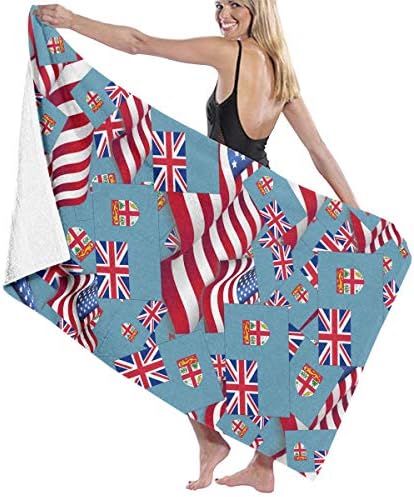 ANYWN Bath Towels Fiji Flag with America Flag Highly Absorbent Washcloths Soft Hotel Beach Spa Towel Large Size 32" X 52"