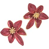 Burgundy Enamel Flower Stud Earrings for Women, Elegant Vintage Floral Earrings with Gold Details, Statement Jewelry for Daily Wear and Gift