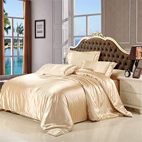 YYSZM Silk Bedding Set Queen Size Satin Duvet Cover Solid Color Silky Bed Set F 150x200cm