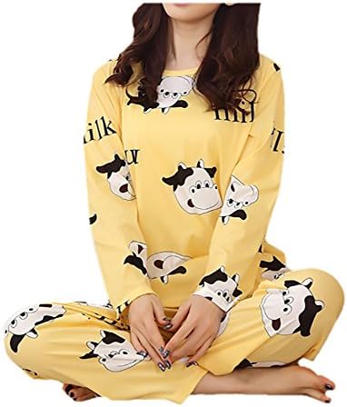 RAYYEE Big Girls' Pajamas Cartoon Female Long-sleeve Pajamas Suits (L, Yellow)