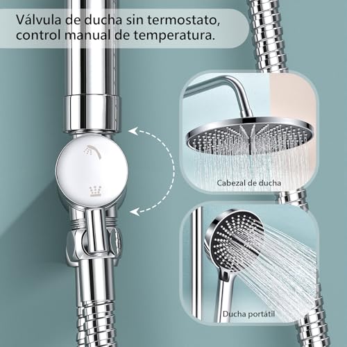 KeeGone Kit de ducha sin grifería ajustable en altura Ducha de lluvia redonda 26 cm y ducha de mano 3 chorros Acero inoxidable instalación rápida