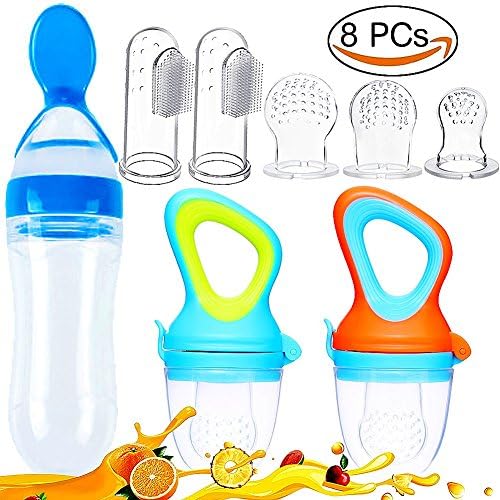 UniBetter Baby Food Feeder Fresh Food Fruit Feeder Pacifier 3 Different Sized Silicone Teething Pacifiers 1 Pack Baby Food Dispensing Spoon 2 Pack Baby Finger Toothbrush Baby Feeders Silicone