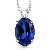 Gem Stone King 14K White Gold Blue Created Sapphire Pendant Necklace for Women | 6.00 Cttw | Gemstone September Birthstone | Oval 14X10MM | With 18 Inch Chain