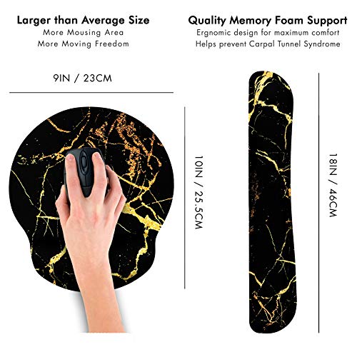 Gold Streak Black Marble Ergonomic Design Mouse Pad with Wrist Rest Hand Support and Keyboard Support. Round Large Mousing Area. Mouse Pad and Keyboard Pad for Laptop, PC Computer & Mac.