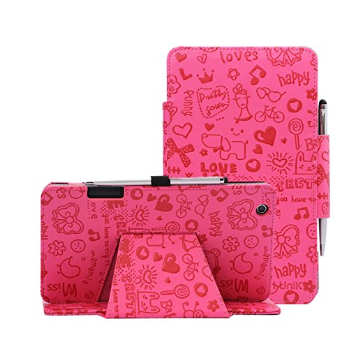 i-UniK AT&T TREK 2 HD Case (2016) Model #6461A 8 inch Tablet Support Sleep Awake Function Cover Case with Bonus Stylus (Cute Pink)