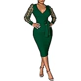 Ophestin Women's Long Puff Sleeve Bodycon Dress Mesh Bishop Sleeve Sexy V Neck Party Church Work Midi Dresses