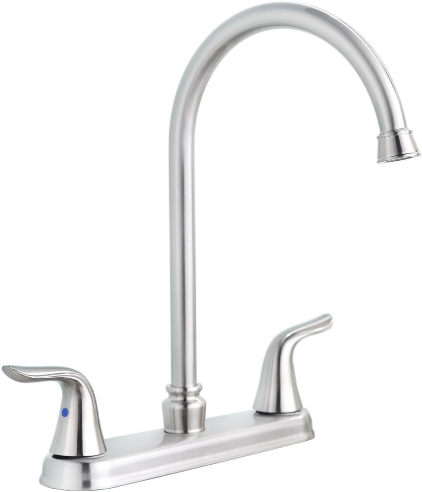Hotis Commercial Stainless Steel Lead-Free Two Lever Two Hole Gooseneck High Arc Two Handle Kitchen Sink Faucet, Brushed Nickel Kitchen Faucet