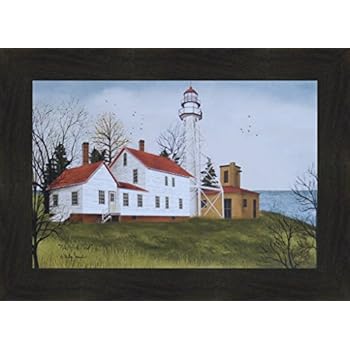 Home Cabin Décor Whitefish Point by Billy Jacobs 16x22 Lighthouse Country Primitive Folk Art Print Framed Picture (2