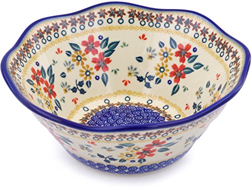 Click Here to See More Images Polish Pottery 9-inch Fluted Bowl (Red Anemone Meadow Theme) + Certificate of Authenticity
