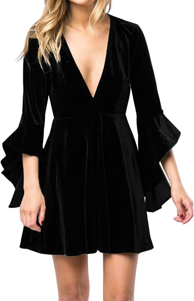 Womens Velvet Skater Dress Deep V Neck Bell Sleeve Sexy Swing Dress Party Gown