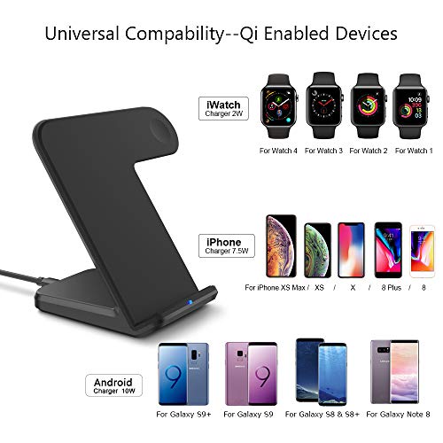 Wireless Charger Compatible Apple Watch 2 in 1 Fast Charging Stand Compatible iPhone Xs/XS MAX/X/8/8 Plus Qi-Certified Android Charge Station Compatible iwatch 4/3/2/1(Black)(Adapter not Included)