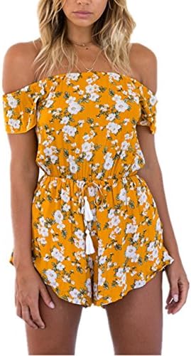 Yuandy Womens Summer Casual Off Shoulder Print Jumpsuits Rompers