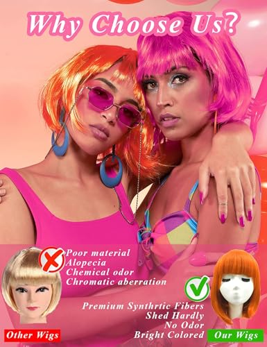 KOWVOWZ Colored Wigs, Funky Colorful Wigs, Short Bob Hair Wigs, Neon Party Wigs, Cosplay Wigs with Rimless Heart Shape Sunglasses, One Size for All Women Kids & Adults Costume Night Club(4 Pack)
