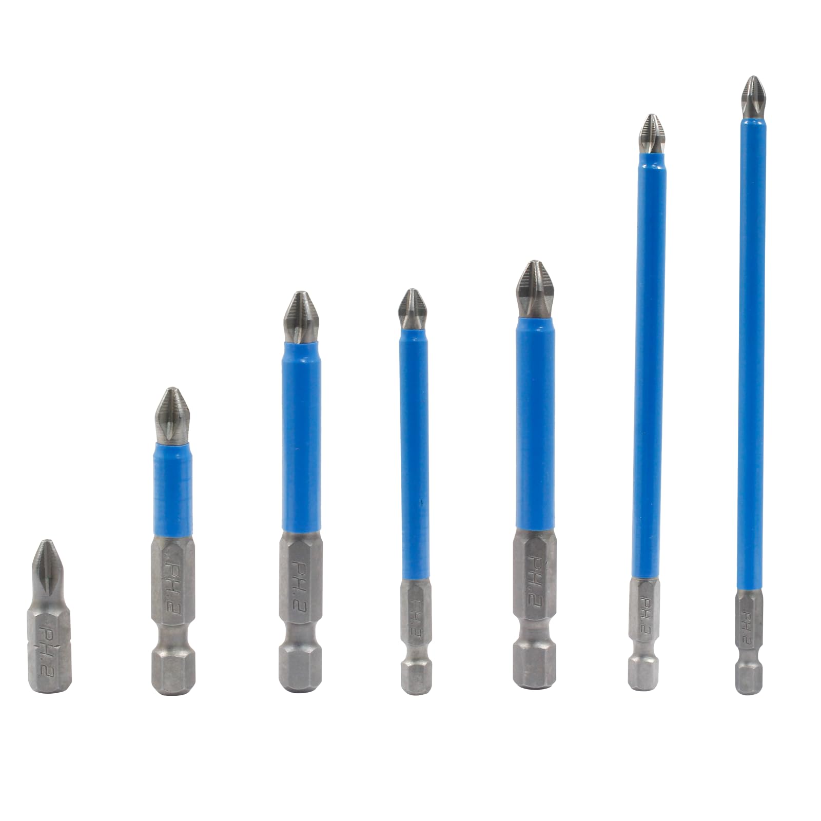 Cjueiom 7Pcs Magnetic PH2 Screwdriver Bits Set, Anti Slip Phillips Screwdriver Bits, Cross Head Electric Screwdriver Bits with 1/4" Hex Shank (PH2 x 25mm/50mm/65mm/70mm/90mm/127mm/150mm)