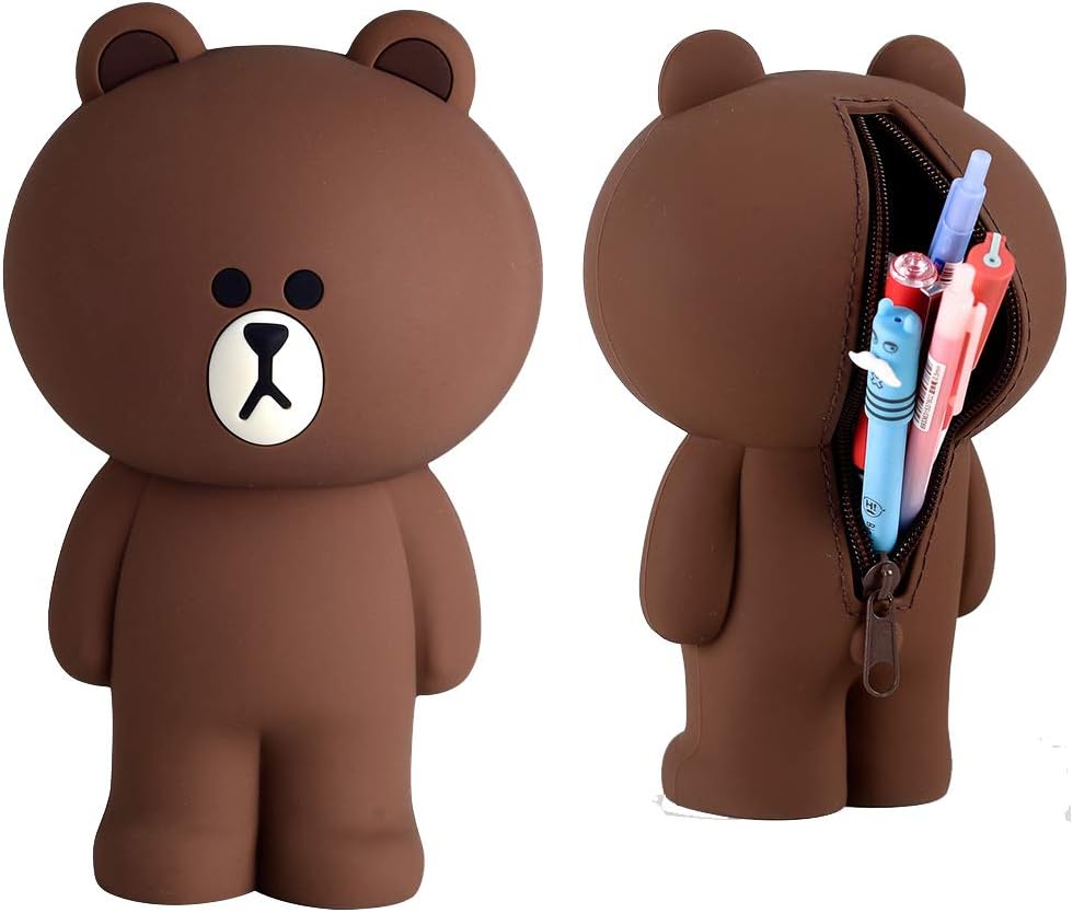Creative 3D Brown Bear Pencil Case Silcon Girls Boys Storage Bag Students Stationery Box Gifts