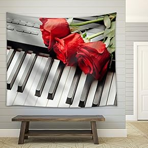 Piano Keys and Red Roses - Fabric Wall Tapestry Home Decor - 51x60 inches