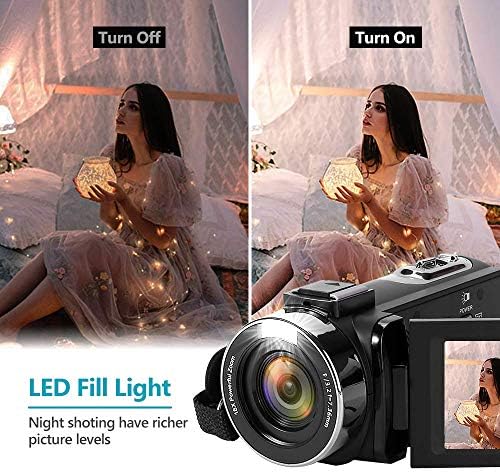 Compact digital camcorder with flip-out screen and multiple function buttons, priced at $59.99.