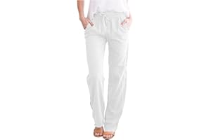 XIIALBU Ladies Casual Pants for Women Casual Cotton Linen Solid Drawstring Elastic Waist Long Straight Trousers