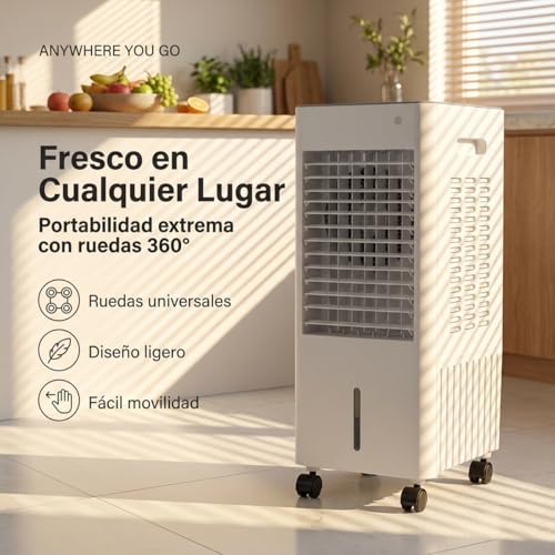 NOMEY 4 En 1 Enfriador de Aire Portatil, 13L Tanque Aire Acondicionado Portatil, 4 Modos 3 Velocidades, Apagado Automático, Temporizador de 7.5h, 20H de Enfriamiento, Ideal Para Dormitorios, Oficinas
