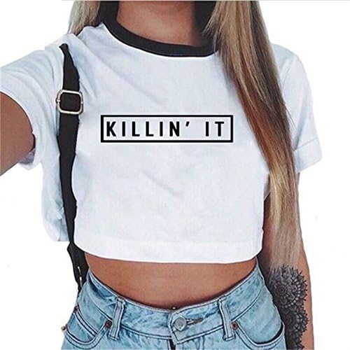 Lannorn Women’s Funny Summer Short Sleeve Letter Print Camisole Shirt, Exposed Navel Crop Tops Casual Round Neck Blouse.