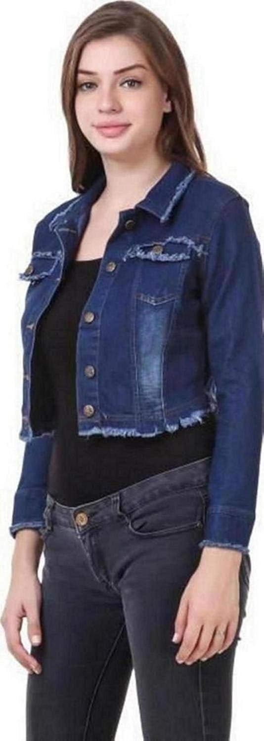kanzul denim solid dark blue 3/4 sleeves regular collar women jacket