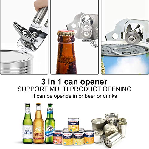 Stainless Steel Can Opener Manual Food-safe Good Gripswith Built-in Bottle Opener Smooth Edge Swing Away Comfort Grips (Silver) - Thumbnail 3