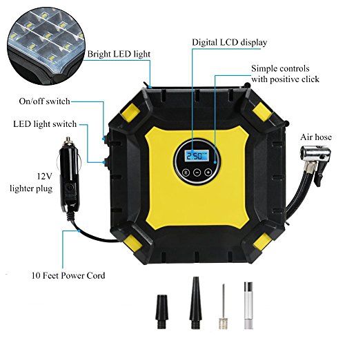 Portable Air Compressor Pump, Auto Digital Tire Inflator with Gauge, 12V 100PSI Auto Air Compressor Preset Pressure Shut Off with LED Light for Car, Truck, Bicycle, Basketballs and Other Inflatables - Thumbnail 5