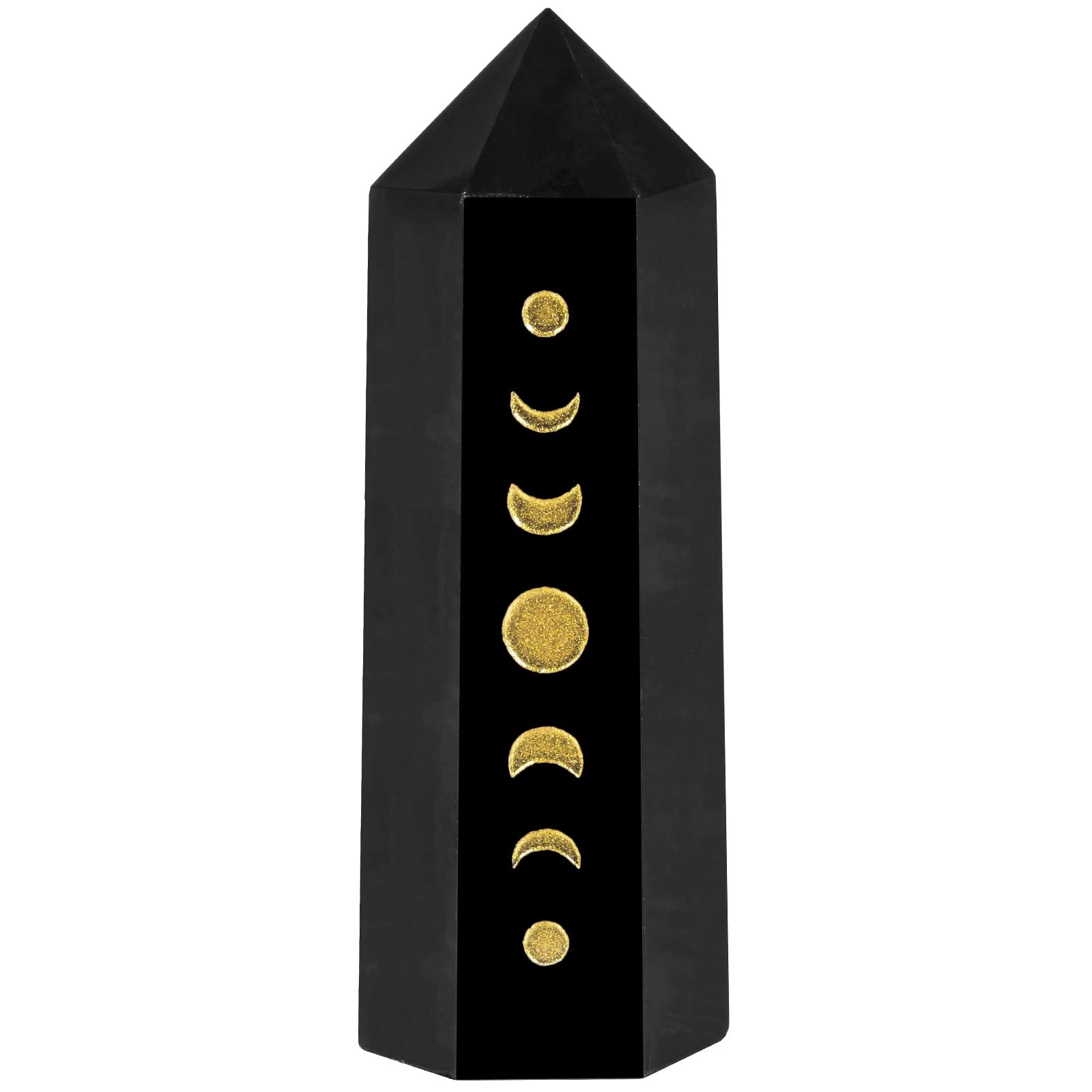 mookaitedecor 48-55mm Black Obsidian Crystal Moon Phase Decor Reiki Symbol Crystal Wand, Hexagonal Healing Crystal Point Wand Pocket Stone for Meditation Small Witch Ornament Gift Witchcraft Decor