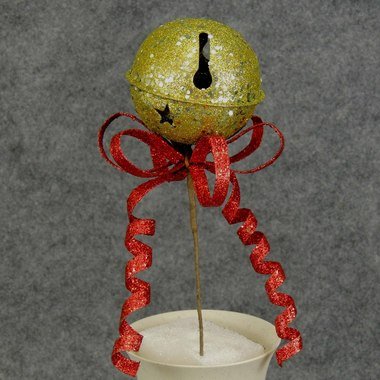 Festive Glittery Green Jingle Bell and Wire Bell Ornamental Pick for Holiday Decorating and Embellishing