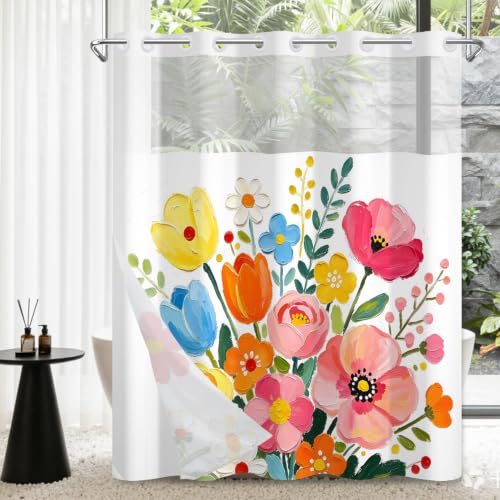 Hook-free Colorful Painting Tulips Farmhouse Shower Curtain and Liner Set at Amazon