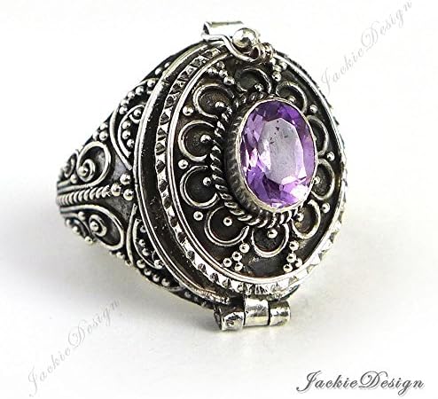 JackieDesignPurple Amethyst Size 9 Poison Ring Locket Bali Sterling Silver Secret Compartment JR21