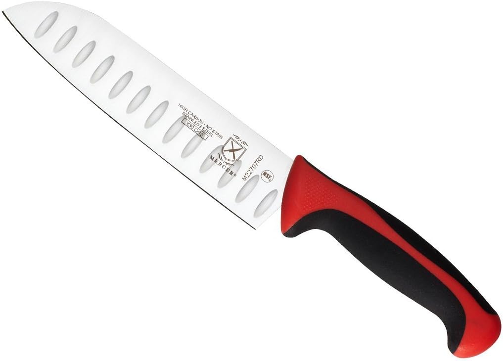 Mercer Culinary Millennia Santoku Knife, 7-Inch Granton Edge, Red