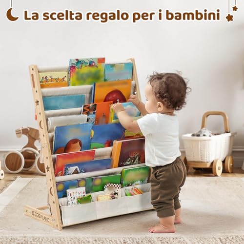 Libreria Montessori per Bambini Con 6 Scomparti in Tessuto Oxford - Libreria per Bambini in Legno Naturale - Libreria Montessori Con Bordi Arrotondati e Design Spazio-Saving(Naturale)