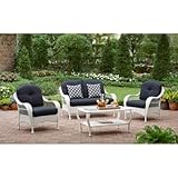 White All Weather Wicker 4 Piece Patio Conversation Set | Perfect Modern Cushioned Conversation Chairs and Loveseat with 2 Toss Pillows and a Glass Topped Coffee Table for Your Home Outdoors by the Grill, Firepit, Garden or Gazebo