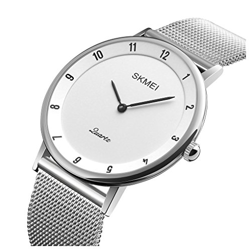 Men's Simple Classic Analog Quartz Waterproof Wrist Watches Silver Stainless Steel Ultra thin Case Watch (white)