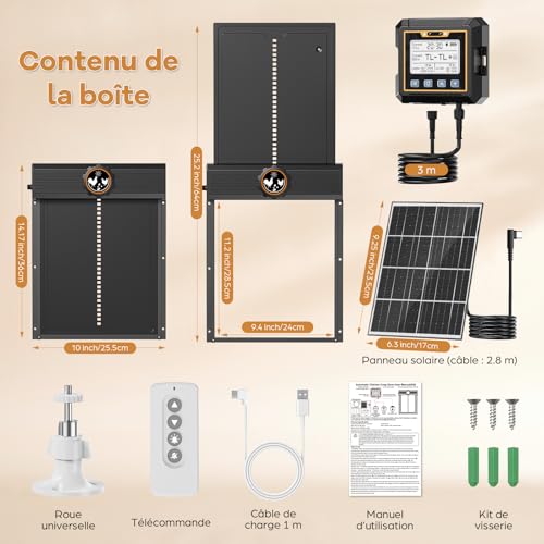 Large Automatic Solar Chicken Coop Door with Waterproof Controller, Automatic Aluminium Solar Chicken Coop Door with Light Sensor, Timer, Anti-Pinch Function, 24 x 27.5 cm