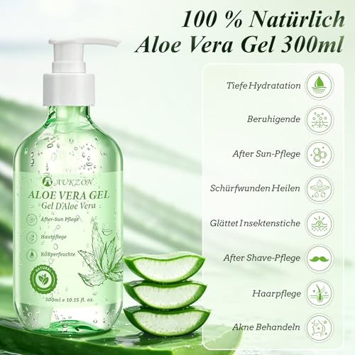 Aloe Vera Gel 300 ml - 100% Natural Aloe Vera Moisturising Cream for Face, Body and Hair, Soothing Nourishing Natural Cosmetics for Dry Stressed Skin, After Sun Sunburn